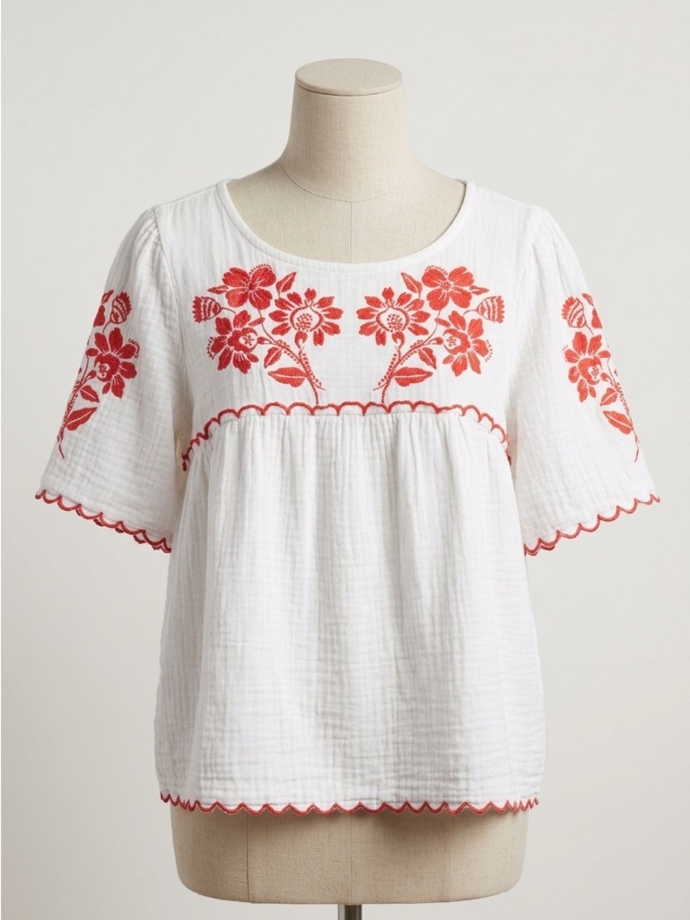 Old Navy Embroidered Crinkle Gauze Boho Peasant Top Orange Floral Scallop XL